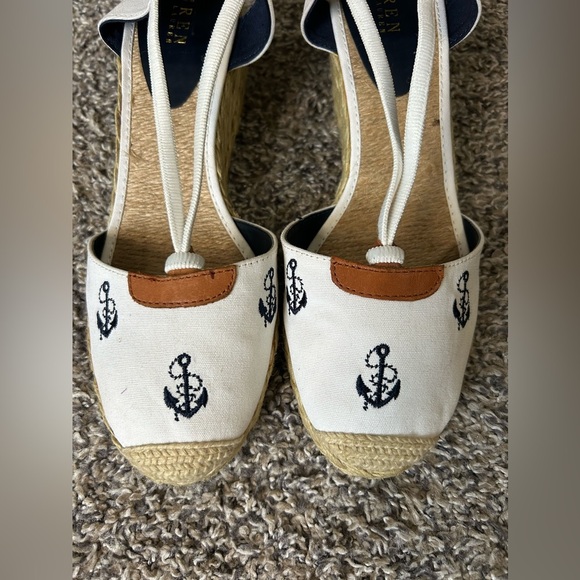 Lauren Ralph Lauren Coastal Nautical white/blue anchor straw heels size 11B - Picture 3 of 8